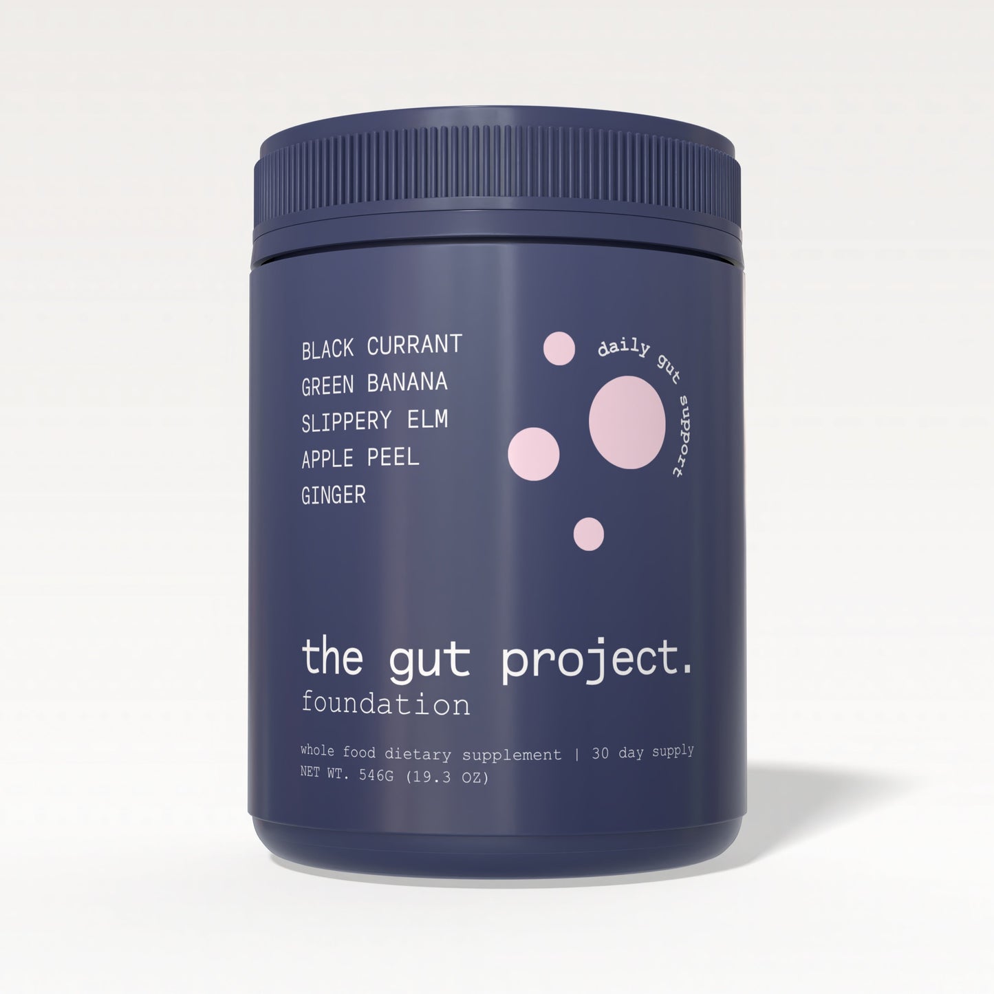 Navy blue container labeled 'foundation by the gut project' on a white background